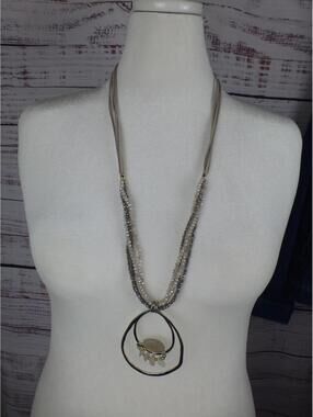 Long Multi-Strand Suede Cord Beaded Necklace w/Silver Tone Teardrop Pendant F4
